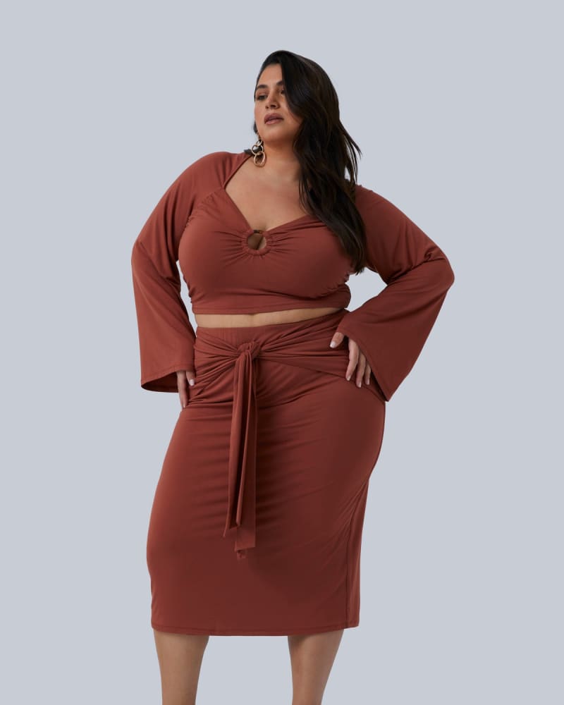 Front of a model wearing a size 0 (12) Gigi Skirt in RUST by GIA/irl. | dia_product_style_image_id:264036